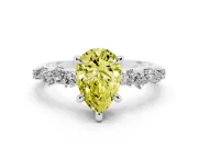 Fancy Yellow Pear Cut Diamond Solitaire Vine Band Ring Set in White gold with Round Accents and Prong Setting