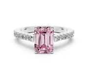 Fancy Pink Emerald Cut Diamond Solitaire Engagement Ring Set in Silver with Delicate Pavé Band and Prong Setting