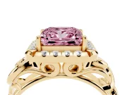 Fancy Pink Princess Cut Diamond Halo Ring Set in Yellow gold with Scrollwork Band and Prong Setting