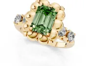 Fancy Green Emerald Cut Diamond Floral Halo Ring Set in Yellow gold with Shared Prong Band