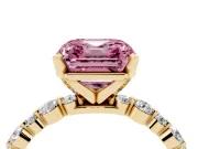 Fancy Pink Asscher Cut Diamond Prong Set Engagement Ring Set in Yellow gold with Round Accent Pavé Band