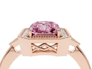 Fancy Pink Radiant Cut Diamond Halo Engagement Ring Set in Rose gold with Milgrain Pavé Band
