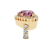 Fancy Pink Heart Cut Diamond Halo Engagement Ring Set in Yellow gold with Milgrain Detail and Pavé Band