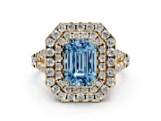 Emerald Cut Halo Split Shank Engagement Ring Setting for a Fancy Blue Lab-Grown Diamond | Pavé Strands | Yellow Gold