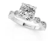 Cushion Cut Diamond Solitaire Engagement Ring Set in Platinum with Milgrain Bezel Accent Band