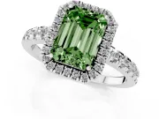 Fancy Green Emerald Cut Diamond Halo Ring Set in White gold with Delicate Pavé Band and Prong Setting