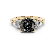 Cushion Cut Hidden Halo Three Stone Engagement Ring Setting for a Black Center | Yellow Gold