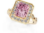 Radiant Cut Halo Engagement Ring Setting for a Fancy Pink Lab-Grown Diamond | Bezel Station Shoulders | Yellow Gold
