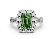Emerald Cut Floral Engagement Ring Setting for a Fancy Green Lab-Grown Diamond | Petal Frame and Side Stones | Platinum