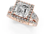 Asscher Cut Halo Split Shank Engagement Ring Setting | Round Side Stones | Rose Gold