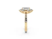 Emerald Cut Diamond Floral Halo Ring Set in Yellow gold with Round Pavé Band and Prong Setting