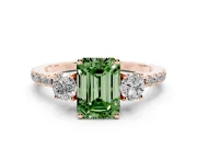 Emerald Cut Three Stone Engagement Ring Setting for a Fancy Green Lab-Grown Diamond | Pave Shoulders | Rose Gold