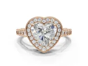 Heart-Shaped Lab-Grown Diamond Milgrain Halo Solitaire Ring Set in Rose Gold with Bezel Set Side Stones and Pavé Band
