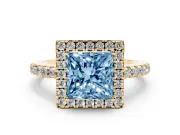 Princess Cut Halo Engagement Ring Setting for a Fancy Blue Lab-Grown Diamond | Shared Prong Pavé Band | Yellow Gold