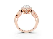 Oval Cut Diamond Halo Ring Set in Rose gold with Milgrain Pavé Band and Prong Setting
