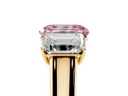 Emerald Cut Three Stone Engagement Ring Setting for a Fancy Pink Lab-Grown Diamond | Basket Prong Heads | Yellow Gold