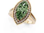 Fancy Green Marquise Cut Diamond Halo Solitaire Ring Set in Yellow gold with Pavé Band and Bezel Setting