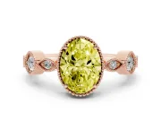 Fancy Yellow Oval Cut Diamond Vintage-Inspired Milgrain Ring Set in Rose gold with Marquise Stations of Round Accents