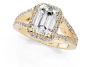 Emerald Cut Halo Engagement Ring Setting | V-Split Pavé Band | Yellow Gold
