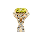 Fancy Yellow Cushion Cut Diamond Halo Twist Band Solitaire Ring Set in Yellow gold with Prong-Set Center Stone