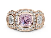 Cushion Cut Three Stone Halo Engagement Ring Setting for a Fancy Pink Lab-Grown Diamond | Rose Gold