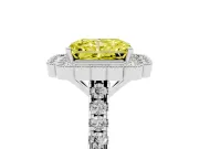 Fancy Yellow Radiant Cut Diamond Milgrain Floral Halo Engagement Ring Set in White gold with Pavé Band