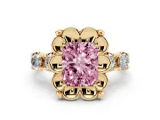 Fancy Pink Radiant Cut Diamond Floral Halo Ring Set in Yellow gold with Shared Prong Band