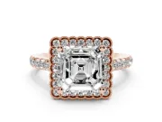 Asscher Cut Diamond Milgrain Floral Halo Engagement Ring Set in Rose gold with Pavé Band