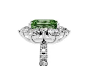 Fancy Green Emerald Cut Diamond Floral Halo Ring Set in White gold with Round Pavé Band and Prong Setting