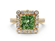 Fancy Green Princess Cut Diamond Halo Milgrain Pavé Ring Set in Yellow gold with Prong Setting