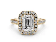 Emerald Cut Halo Engagement Ring Setting | Shared Prong Shoulders | Yellow Gold