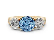 Round Vintage Three Stone Engagement Ring Setting for a Fancy Blue Lab-Grown Diamond | Yellow Gold