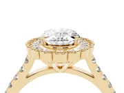Oval Cut Diamond Milgrain Floral Halo Engagement Ring Set in Yellow gold with Pavé Band