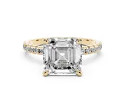 Asscher Cut Diamond Brilliant Solitaire Ring Set in Yellow gold with Pavé Band and Prong Setting