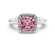 Fancy Pink Asscher Cut Diamond Halo Engagement Ring Set in Silver with Plain Split Shank and Prong Setting