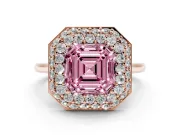 Fancy Pink Asscher Cut Diamond Halo Engagement Ring Set in Rose gold with Solitaire Band and Prong Setting