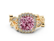 Cushion Cut Leaf Halo Engagement Ring Setting for a Fancy Pink Lab-Grown Diamond | Yellow Gold