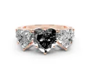 Heart-Shaped Three Stone Engagement Ring Setting for a Black Center | Beaded Shoulders | Rose Gold