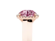 Fancy Pink Round Cut Diamond Halo Ring Set in Rose gold with Cathedral Band and Prong Setting