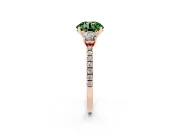 Fancy Green Round Cut Diamond Three-Stone Ring Set in Rose gold with Pavé Band and Graduated Sides