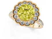 Fancy Yellow Round Cut Diamond Milgrain Floral Halo Engagement Ring Set in Yellow gold with Pavé Band