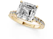 Asscher Cut Diamond Pavé Band Solitaire Set in Yellow gold with Prong Setting