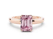 Fancy Pink Emerald Cut Diamond Solitaire Ring Set in Rose gold with Prong Head and Smooth Polished Band