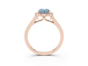 Fancy Blue Oval Cut Halo Round Diamond Solitaire Ring Set in Rose gold with Pavé Band and Prong Setting