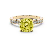 Fancy Yellow Cushion Cut Diamond Pavé Band Solitaire Set in Yellow gold with Prong Setting