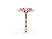 Fancy Pink Marquise Cut Diamond Halo Milgrain Pavé Ring Set in Rose gold with Prong Setting