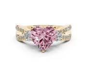 Fancy Pink Three-Stone Heart Cut Diamond Twist Band Ring Set in Yellow gold with Pavé Accents and Prong Setting