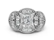 Princess Cut Vintage Floral Halo Engagement Ring Setting | Engraved Milgrain Band | Platinum