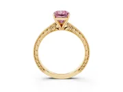 Fancy Pink Radiant Cut Diamond Solitaire Milgrain Engraved Band Set in Yellow gold with Prong Setting