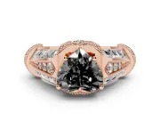 Fancy Black Heart Cut Diamond Vintage-Inspired Milgrain Ring Set in Rose gold with Accent Split Shank